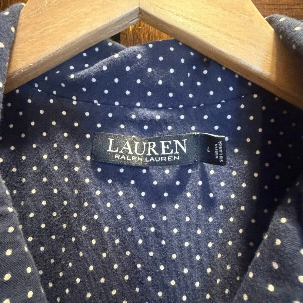 Lauren Ralph L. large Navy Polka Dot Button Down pajama nightgown sleep shirt